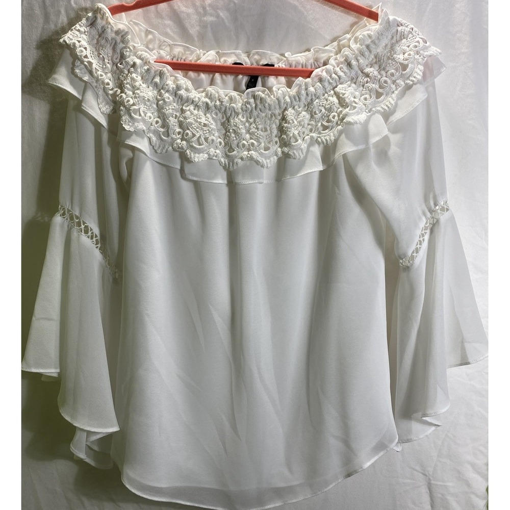 White House Black Market Off Shoulder Lace Ruffle Bell Sleeve Blouse White S